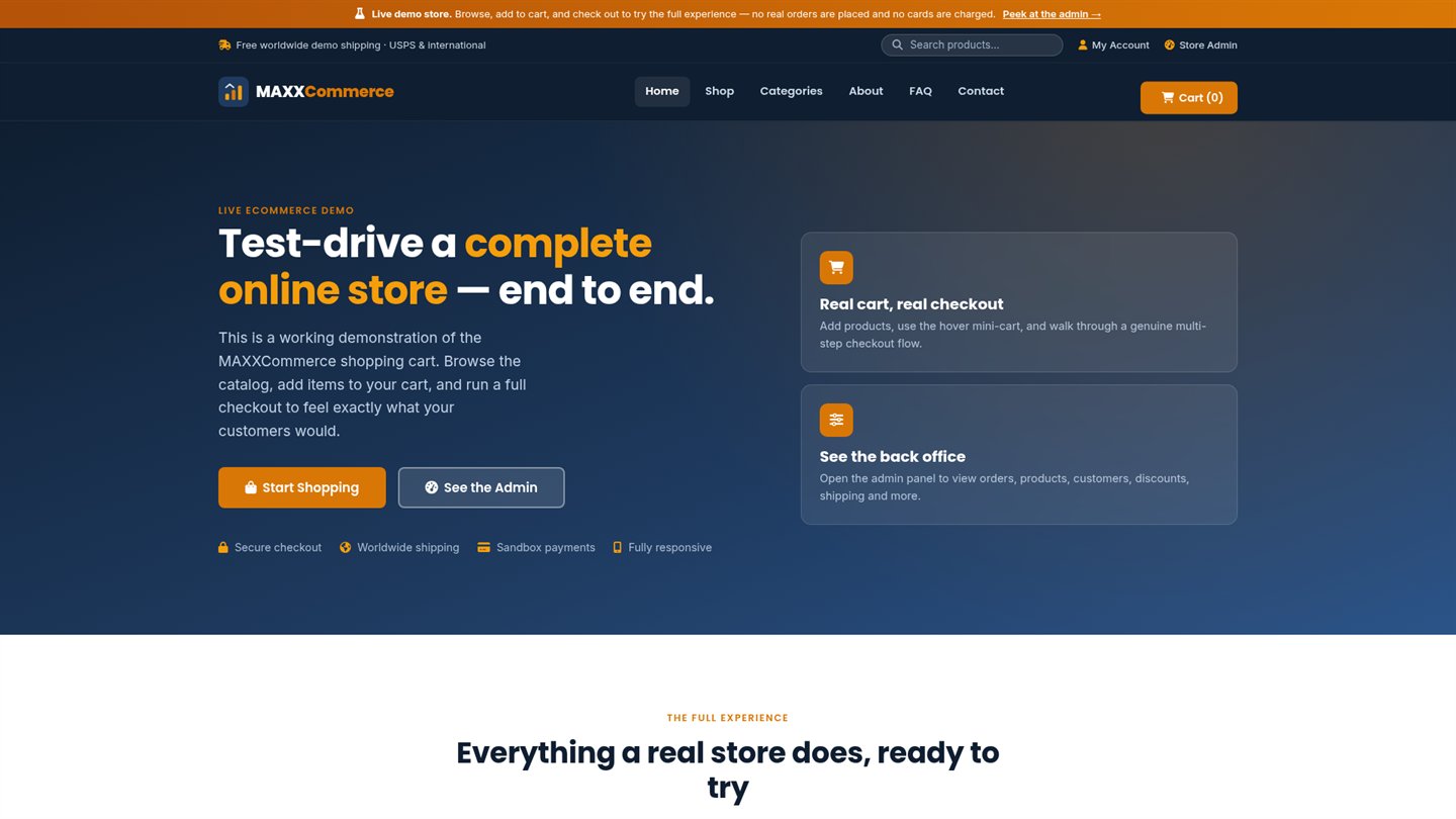 Preview of the MAXXCommerce live demo store homepage
