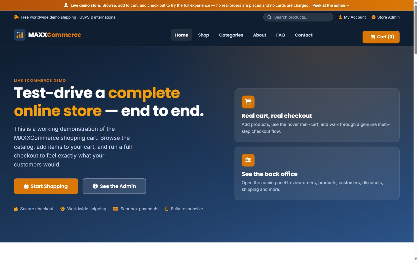 Preview of the MAXXCommerce live demo store homepage